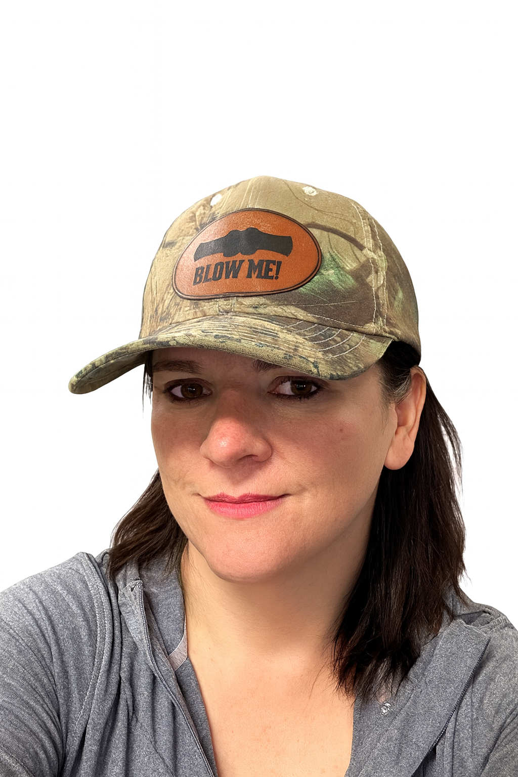 Funny 'Blow Me' duck call trucker hat for hunters and outdoorsmen.